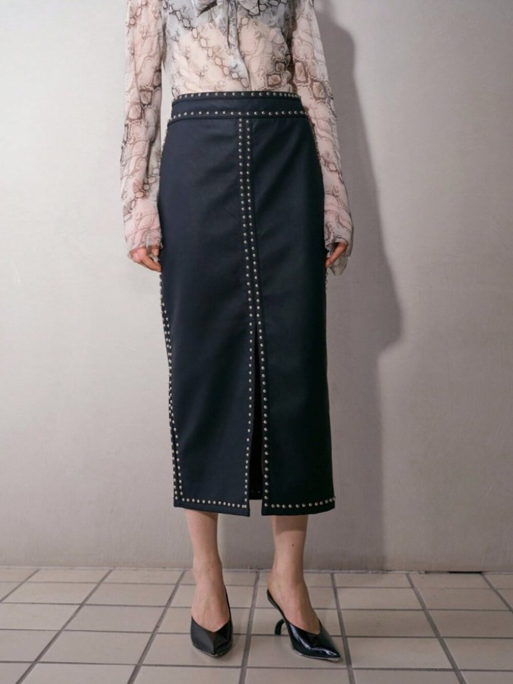 Black Faux Leather Studded Front Slit Midi Skirt